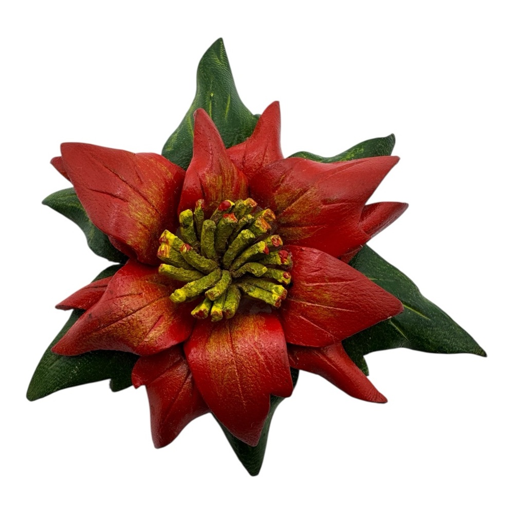 Vintage Poinsettia Flower‎ Brooch Red Green 2” Holiday Floral Pin